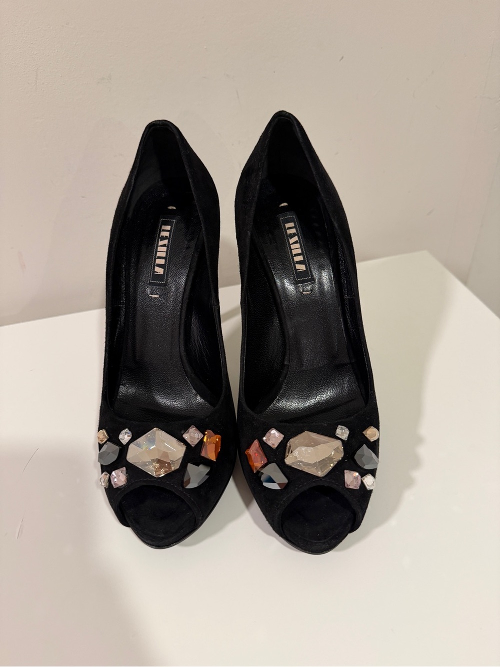 Le Silla Black Suede Crystal Embellished Peep Toe Stiletto Heels EU 36
